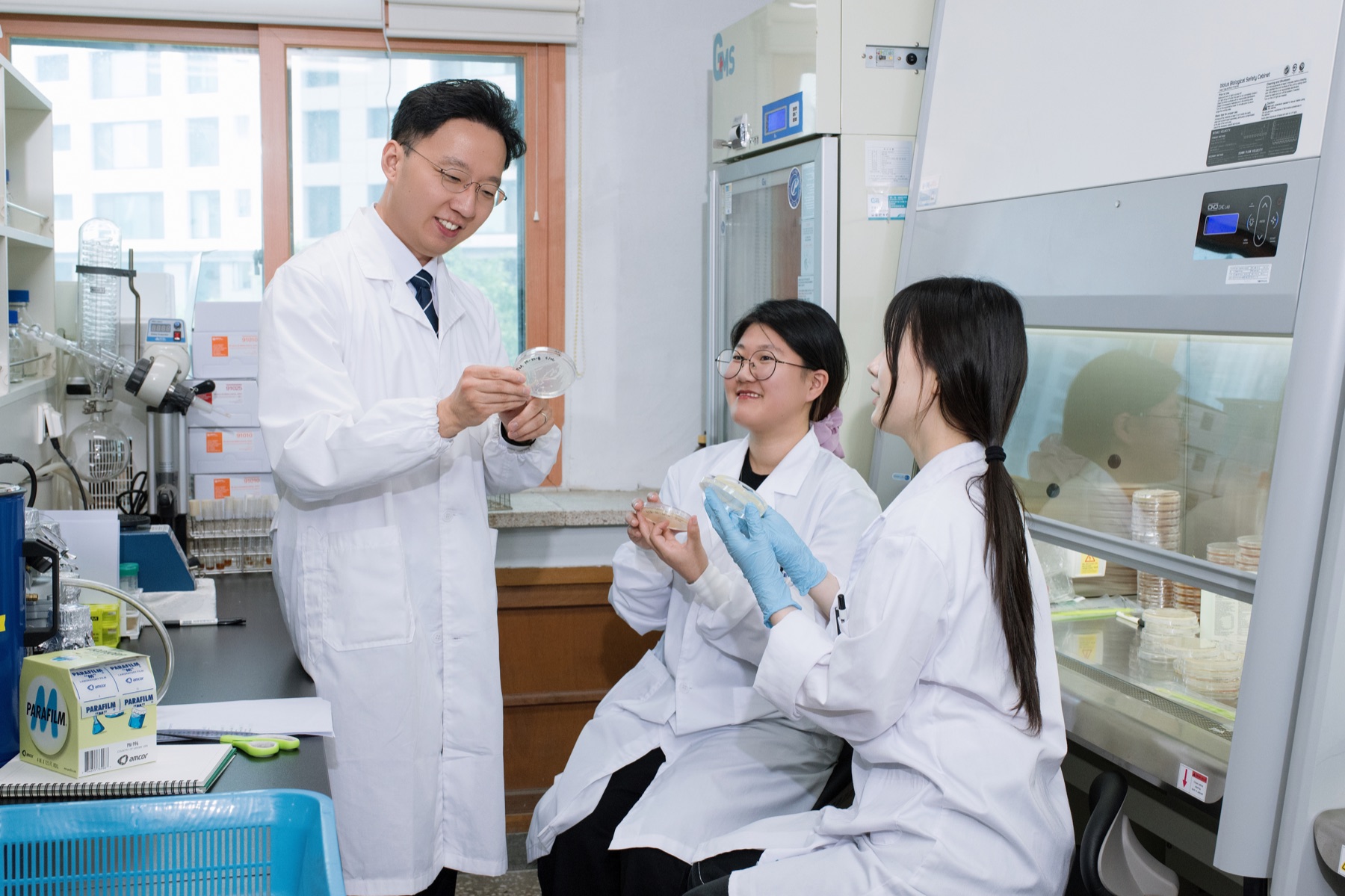 배양 접시를 살펴보며 토론하는 Min Lab 연구진