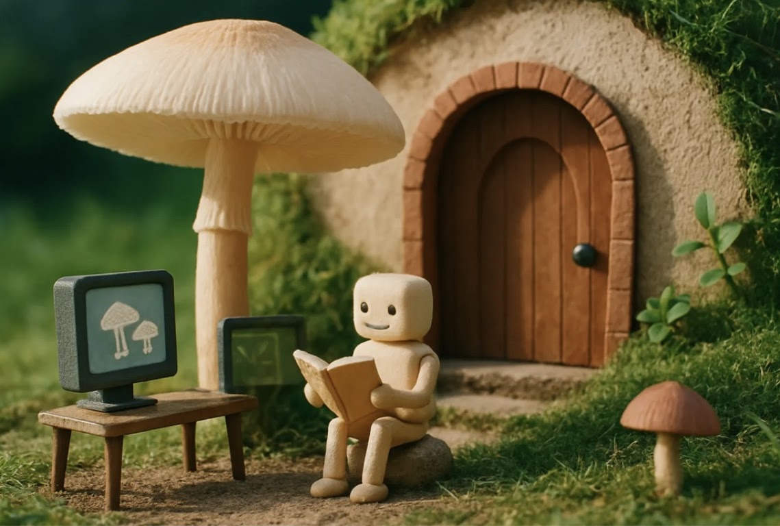 A small researcher reading beside mushrooms and scientific monitors